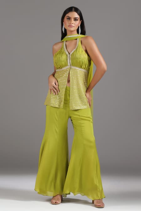 Two Sisters By Gyans Green Georgette Sequins, Zari Halter Neck Embroidered Peplum Tunic And Sharara Set 