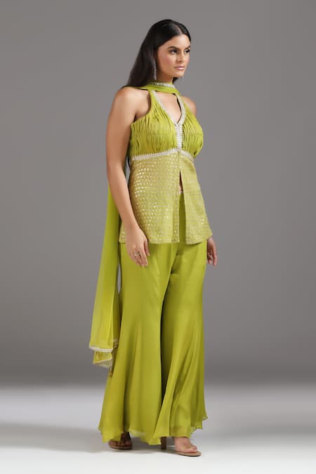 Two Sisters By Gyans_Green Georgette Sequins, Zari Halter Neck Embroidered Peplum Tunic And Sharara Set _Online_at_Aza_Fashions