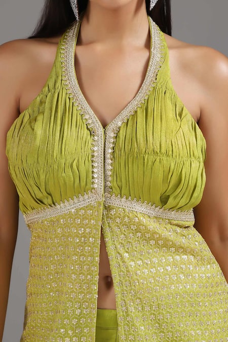 Buy_Two Sisters By Gyans_Green Georgette Sequins, Zari Halter Neck Embroidered Peplum Tunic And Sharara Set _Online_at_Aza_Fashions
