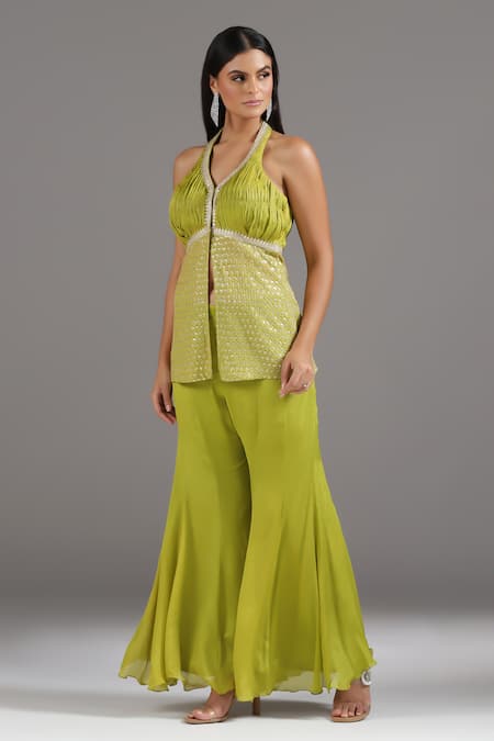 Shop_Two Sisters By Gyans_Green Georgette Sequins, Zari Halter Neck Embroidered Peplum Tunic And Sharara Set _Online_at_Aza_Fashions