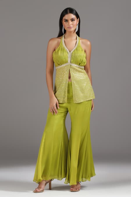 Two Sisters By Gyans_Green Georgette Sequins, Zari Halter Neck Embroidered Peplum Tunic And Sharara Set _at_Aza_Fashions