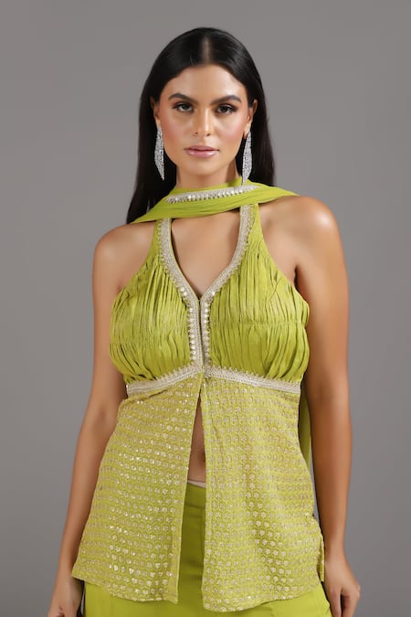 Shop_Two Sisters By Gyans_Green Georgette Sequins, Zari Halter Neck Embroidered Peplum Tunic And Sharara Set 