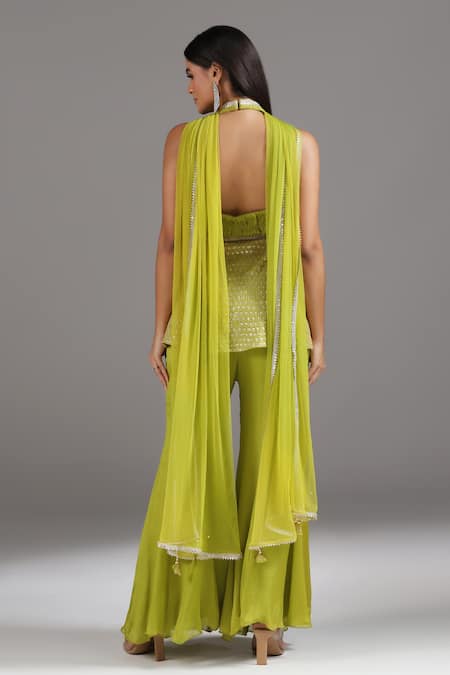 Shop_Two Sisters By Gyans_Green Georgette Sequins, Zari Halter Neck Embroidered Peplum Tunic And Sharara Set _at_Aza_Fashions