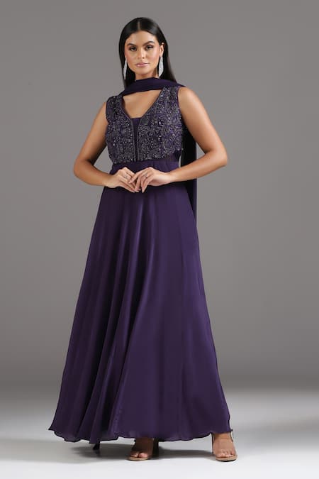Two Sisters By Gyans Purple Crepe Cut Work, Sequins V-neck Embroidered Anarkali With Dupatta 