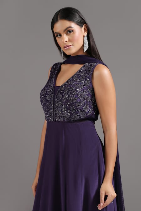 Two Sisters By Gyans_Purple Crepe Cut Work, Sequins V-neck Embroidered Anarkali With Dupatta _Online_at_Aza_Fashions