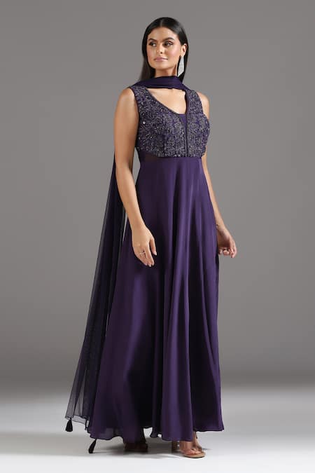 Buy_Two Sisters By Gyans_Purple Crepe Cut Work, Sequins V-neck Embroidered Anarkali With Dupatta _Online_at_Aza_Fashions