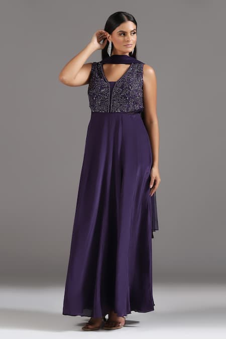 Shop_Two Sisters By Gyans_Purple Crepe Cut Work, Sequins V-neck Embroidered Anarkali With Dupatta _Online_at_Aza_Fashions