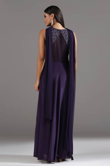 Shop_Two Sisters By Gyans_Purple Crepe Cut Work, Sequins V-neck Embroidered Anarkali With Dupatta _at_Aza_Fashions