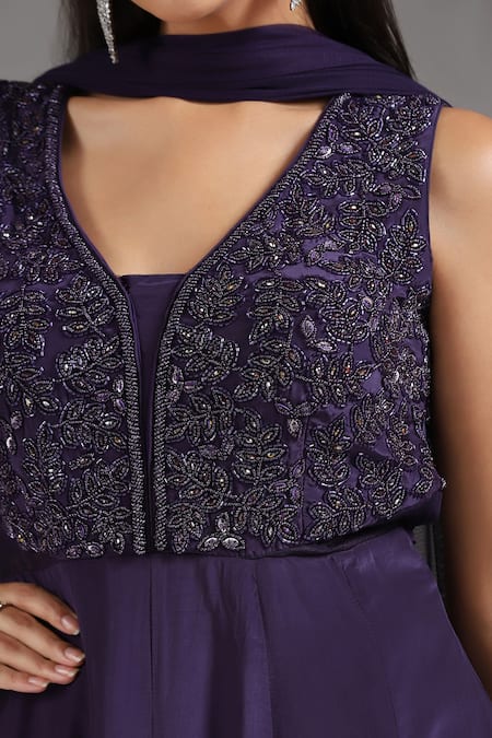 Two Sisters By Gyans_Purple Crepe Cut Work, Sequins V-neck Embroidered Anarkali With Dupatta _at_Aza_Fashions