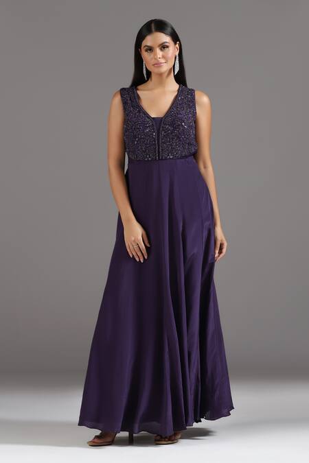 Buy_Two Sisters By Gyans_Purple Crepe Cut Work, Sequins V-neck Embroidered Anarkali With Dupatta 