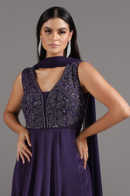 Shop_Two Sisters By Gyans_Purple Crepe Cut Work, Sequins V-neck Embroidered Anarkali With Dupatta 