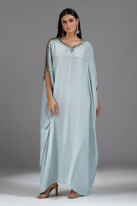 Two Sisters By Gyans_Blue Crepe Sequins, Embroidery V-neck Placement Kaftan _Online_at_Aza_Fashions