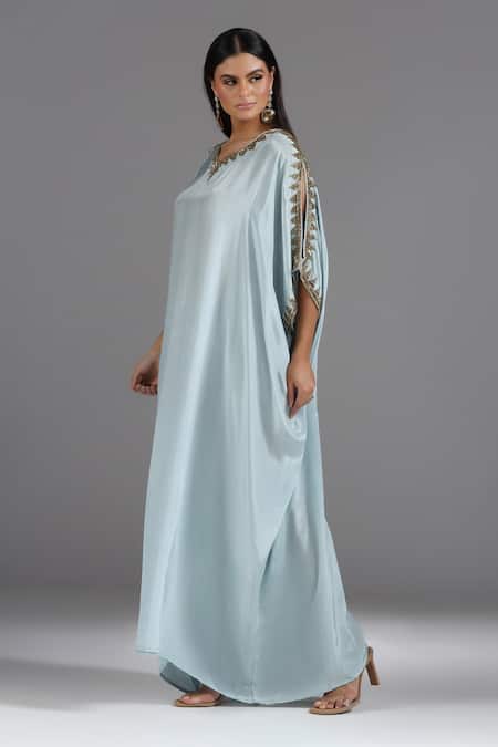 Buy_Two Sisters By Gyans_Blue Crepe Sequins, Embroidery V-neck Placement Kaftan _Online_at_Aza_Fashions