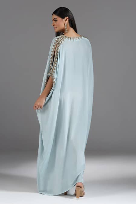 Shop_Two Sisters By Gyans_Blue Crepe Sequins, Embroidery V-neck Placement Kaftan _at_Aza_Fashions