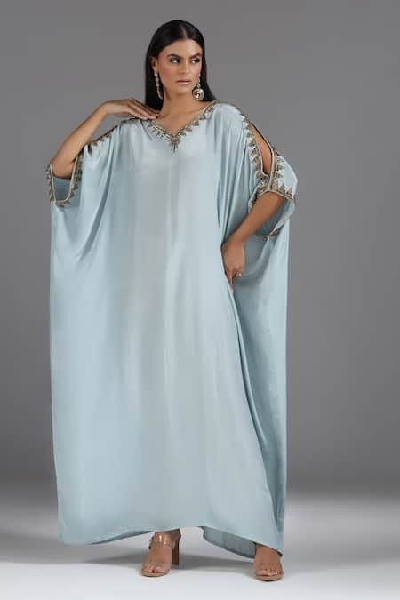 Two Sisters By Gyans Blue Crepe Sequins, Embroidery V-neck Placement Kaftan 