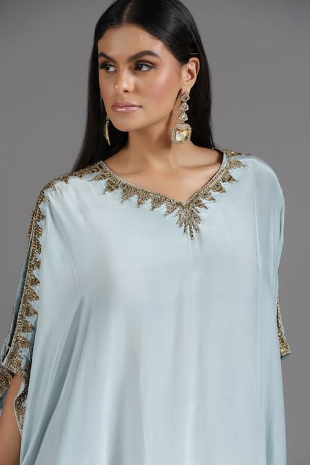 Shop_Two Sisters By Gyans_Blue Crepe Sequins, Embroidery V-neck Placement Kaftan _Online_at_Aza_Fashions