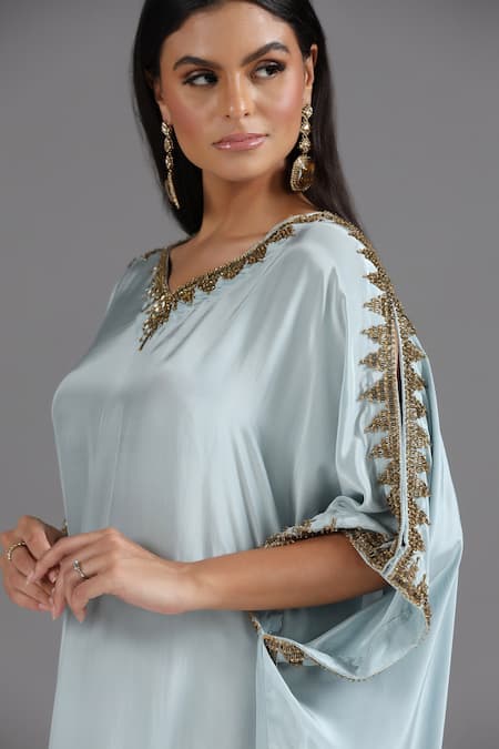 Two Sisters By Gyans_Blue Crepe Sequins, Embroidery V-neck Placement Kaftan _at_Aza_Fashions
