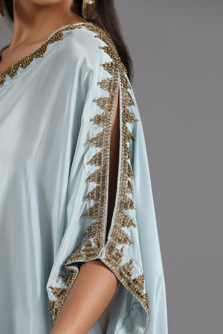 Buy_Two Sisters By Gyans_Blue Crepe Sequins, Embroidery V-neck Placement Kaftan 