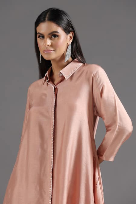 Two Sisters By Gyans Peach Silk Embroidery Collared Asymmetric Kurta With Pant Online at Aza Fashions Two Sisters By Gyans_Peach Silk Embroidery Collared Asymmetric Kurta With Pant _Online_at_Aza_Fashions