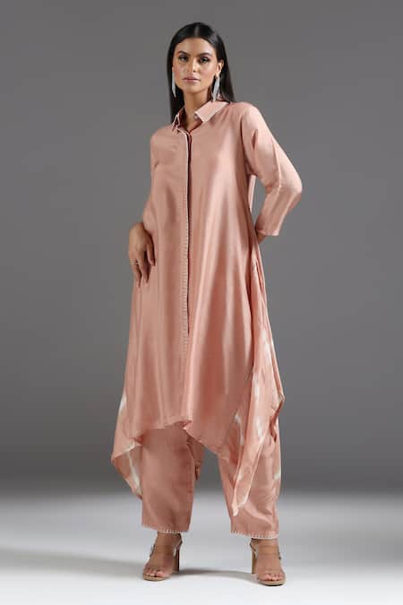 Buy Two Sisters By Gyans Peach Silk Embroidery Collared Asymmetric Kurta With Pant Online at Aza Fashions Buy_Two Sisters By Gyans_Peach Silk Embroidery Collared Asymmetric Kurta With Pant _Online_at_Aza_Fashions