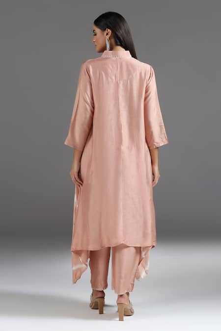 Shop Two Sisters By Gyans Peach Silk Embroidery Collared Asymmetric Kurta With Pant at Aza Fashions Shop_Two Sisters By Gyans_Peach Silk Embroidery Collared Asymmetric Kurta With Pant _at_Aza_Fashions