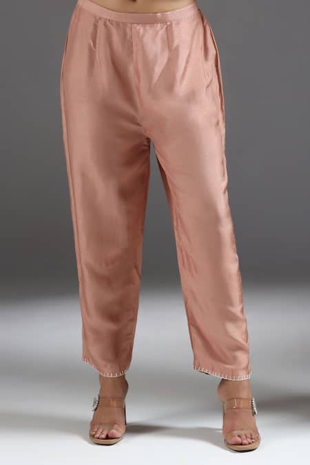 Shop Two Sisters By Gyans Peach Silk Embroidery Collared Asymmetric Kurta With Pant Online at Aza Fashions Shop_Two Sisters By Gyans_Peach Silk Embroidery Collared Asymmetric Kurta With Pant _Online_at_Aza_Fashions