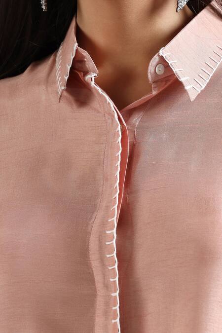 Buy Two Sisters By Gyans Peach Silk Embroidery Collared Asymmetric Kurta With Pant Buy_Two Sisters By Gyans_Peach Silk Embroidery Collared Asymmetric Kurta With Pant