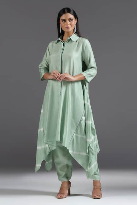 Buy Two Sisters By Gyans Green Silk Collared Asymmetric Kurta With Pant Online at Aza Fashions Buy_Two Sisters By Gyans_Green Silk Collared Asymmetric Kurta With Pant _Online_at_Aza_Fashions
