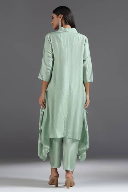 Shop Two Sisters By Gyans Green Silk Collared Asymmetric Kurta With Pant at Aza Fashions Shop_Two Sisters By Gyans_Green Silk Collared Asymmetric Kurta With Pant _at_Aza_Fashions