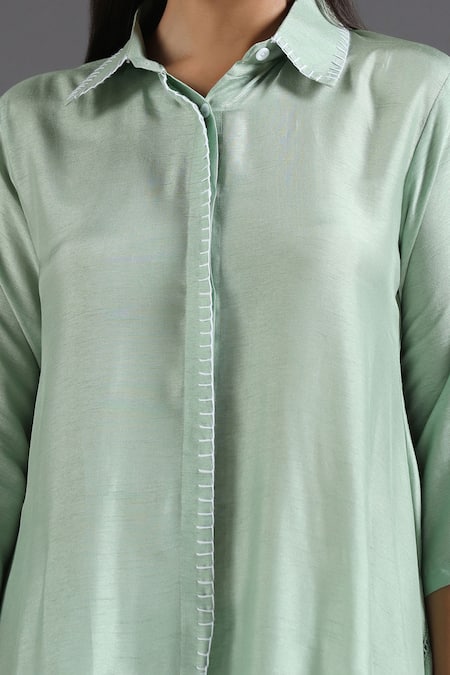 Shop Two Sisters By Gyans Green Silk Collared Asymmetric Kurta With Pant Online at Aza Fashions Shop_Two Sisters By Gyans_Green Silk Collared Asymmetric Kurta With Pant _Online_at_Aza_Fashions