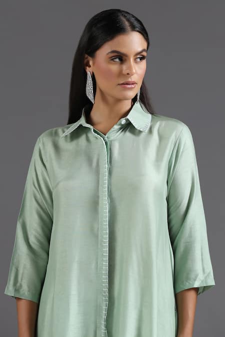 Buy Two Sisters By Gyans Green Silk Collared Asymmetric Kurta With Pant Buy_Two Sisters By Gyans_Green Silk Collared Asymmetric Kurta With Pant