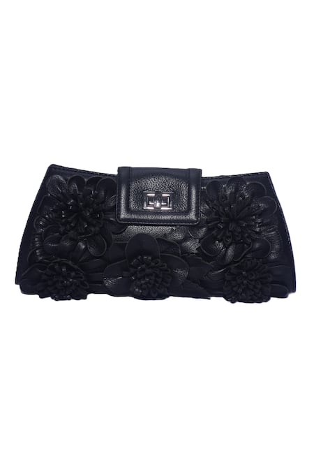 Buy_Jasbir Gill_Black Fabric Flowers Floral Embellished Clutch _Online_at_Aza_Fashions