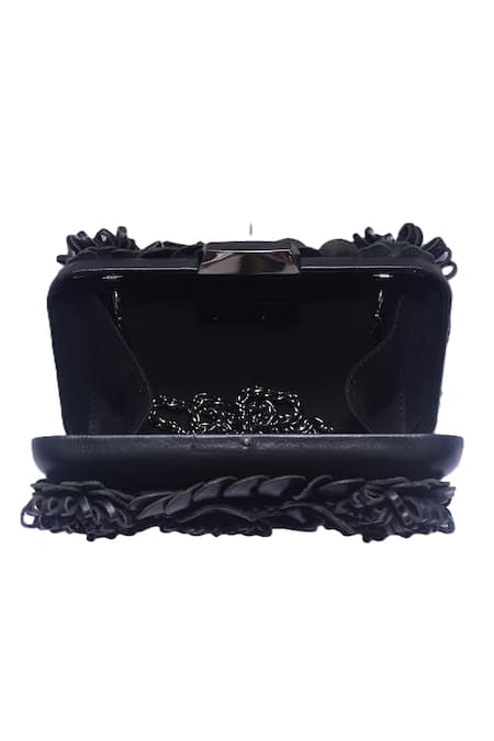 Jasbir Gill_Black Fabric Flowers Floral Embellished Clutch _Online_at_Aza_Fashions