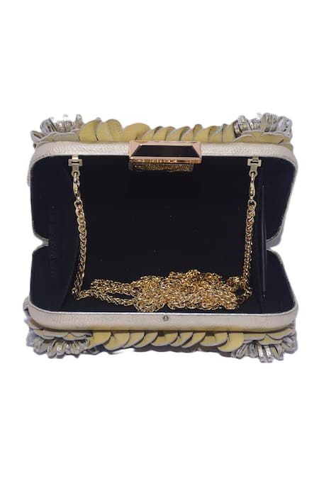 Jasbir Gill_Gold Fabric Flowers Floral Embellished Clutch _Online_at_Aza_Fashions