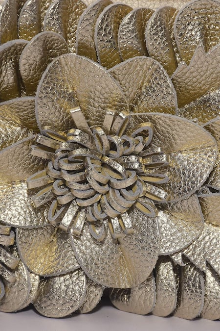Buy_Jasbir Gill_Gold Fabric Flowers Floral Embellished Clutch _Online_at_Aza_Fashions