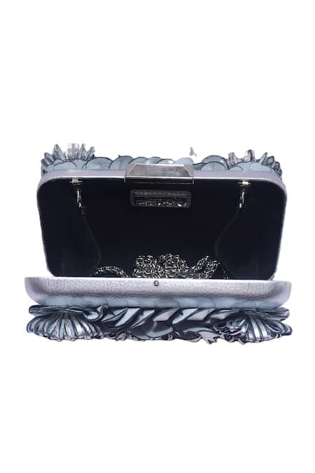 Jasbir Gill_Silver Fabric Flowers Floral Embellished Clutch _Online_at_Aza_Fashions
