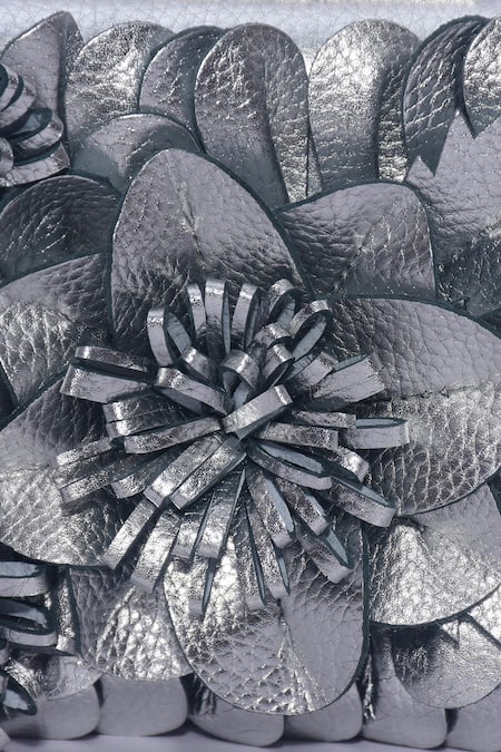 Buy_Jasbir Gill_Silver Fabric Flowers Floral Embellished Clutch _Online_at_Aza_Fashions