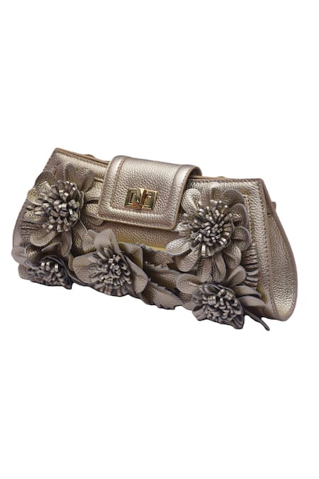 Buy_Jasbir Gill_Gold Fabric Flowers Leather Floral Clutch _Online_at_Aza_Fashions