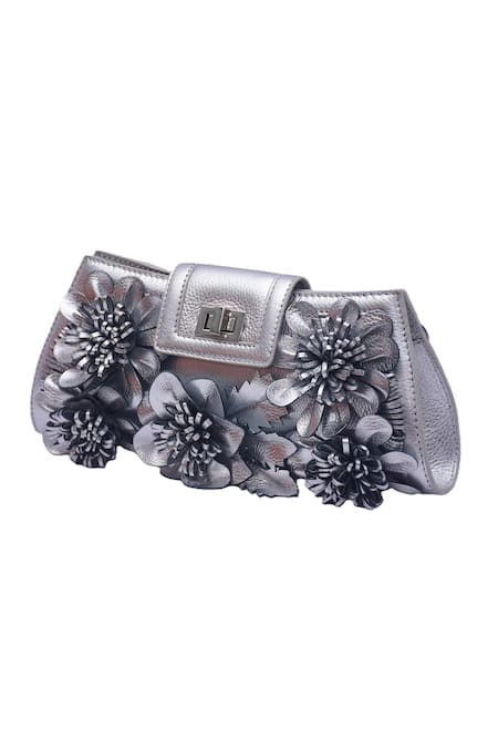 Jasbir Gill_Silver Fabric Flowers Leather Floral Clutch _Online_at_Aza_Fashions