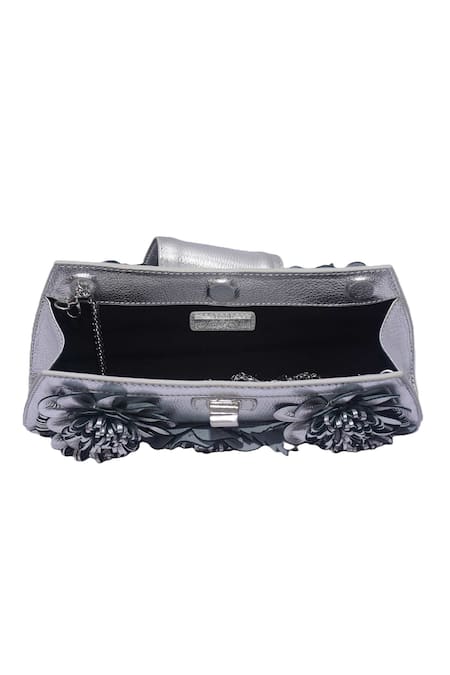 Buy_Jasbir Gill_Silver Fabric Flowers Leather Floral Clutch _Online_at_Aza_Fashions