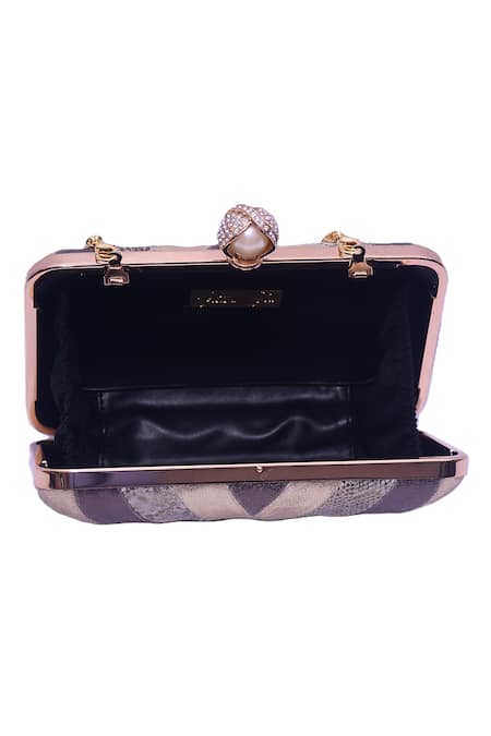 Jasbir Gill_Gold Pearls, Rhinestones Chevron Clutch _Online_at_Aza_Fashions