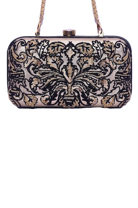 Buy_Jasbir Gill_Gold Embroidery Flocked Leather Clutch _Online_at_Aza_Fashions