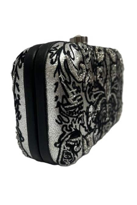 Jasbir Gill_Silver Embroidery, Sequins Flocked Leather Clutch _Online_at_Aza_Fashions