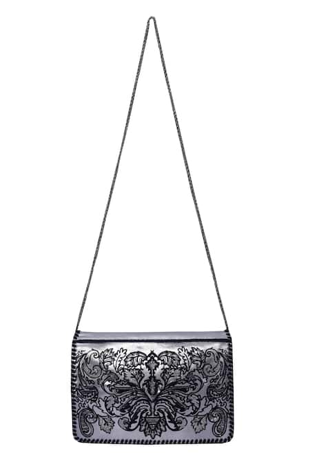 Buy_Jasbir Gill_Silver Embroidery Flocked Leather Clutch _Online_at_Aza_Fashions