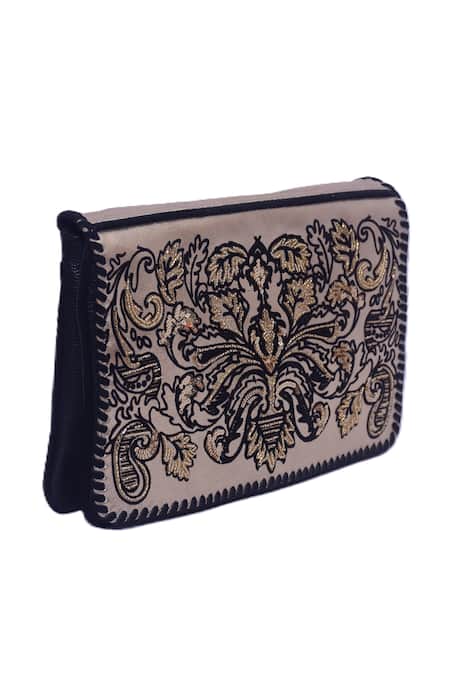 Jasbir Gill_Gold Embroidery Flocked Leather Clutch _Online_at_Aza_Fashions
