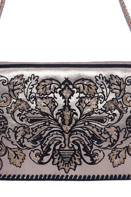 Shop_Jasbir Gill_Gold Embroidery Flocked Leather Clutch _Online_at_Aza_Fashions
