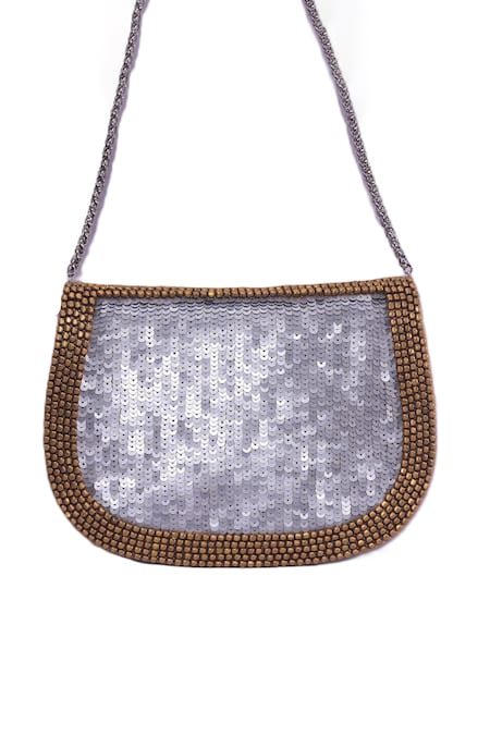 Buy_Jasbir Gill_Silver Beads, Sequins Metal And Foldover Clutch _Online_at_Aza_Fashions