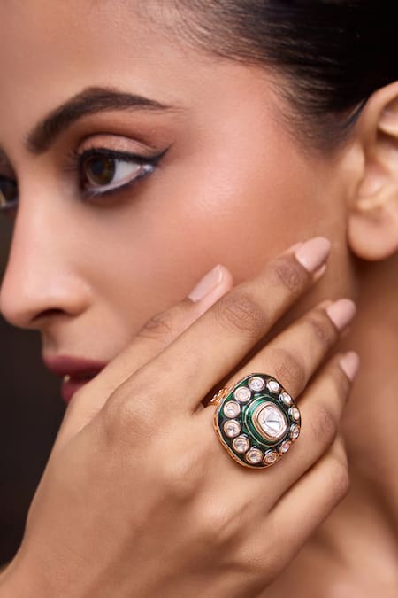 Paisley Pop_Green Imitation Gemstones Polki Ring _Online_at_Aza_Fashions