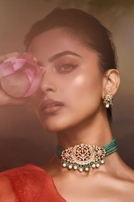 Paisley Pop Green Pearls Kundan Necklace Set Online at Aza Fashions Paisley Pop_Green Pearls Kundan Necklace Set _Online_at_Aza_Fashions