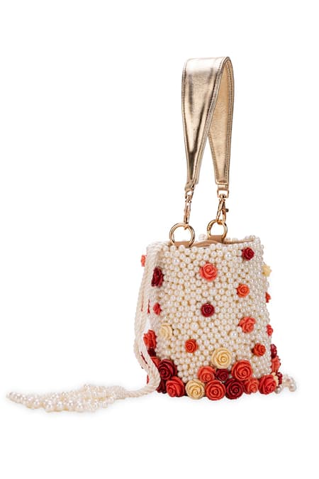 5elements Off White Pearls, Fabric Flowers Srinika Embroidered Potli Online at Aza Fashions 5elements_Off White Pearls, Fabric Flowers Srinika Embroidered Potli _Online_at_Aza_Fashions